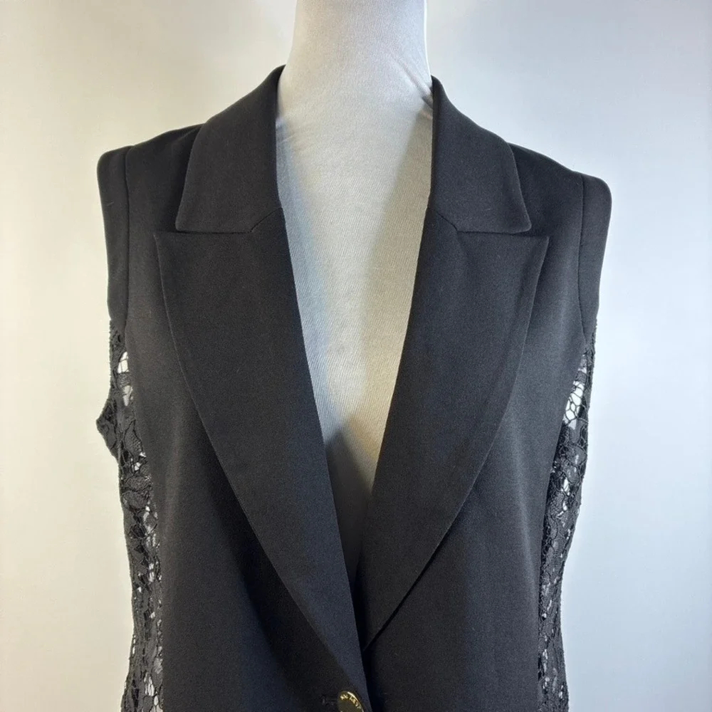 Nine West Womens Black Lace Back Sleeveless Blazer Vest Gold Button Size Large - Picture 9 of 16
